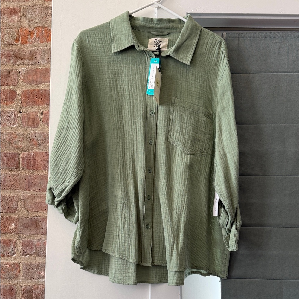 Olive Green Women's Button-Down Gauze Shirt - Casual Lightweight Top